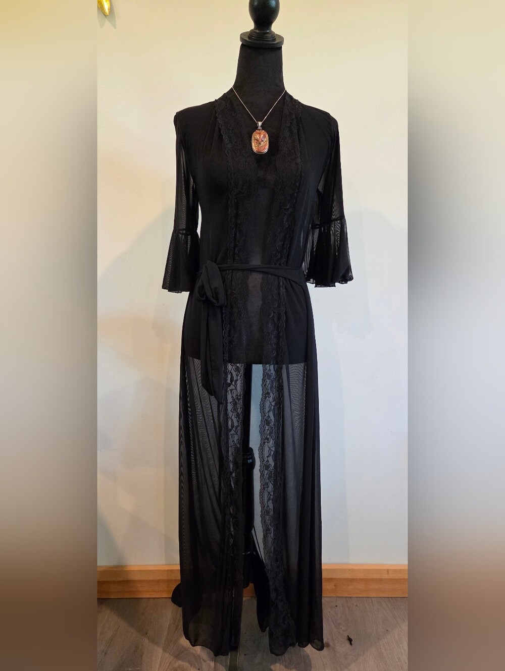 Sheer Lace-Trim Black Robe with Belt